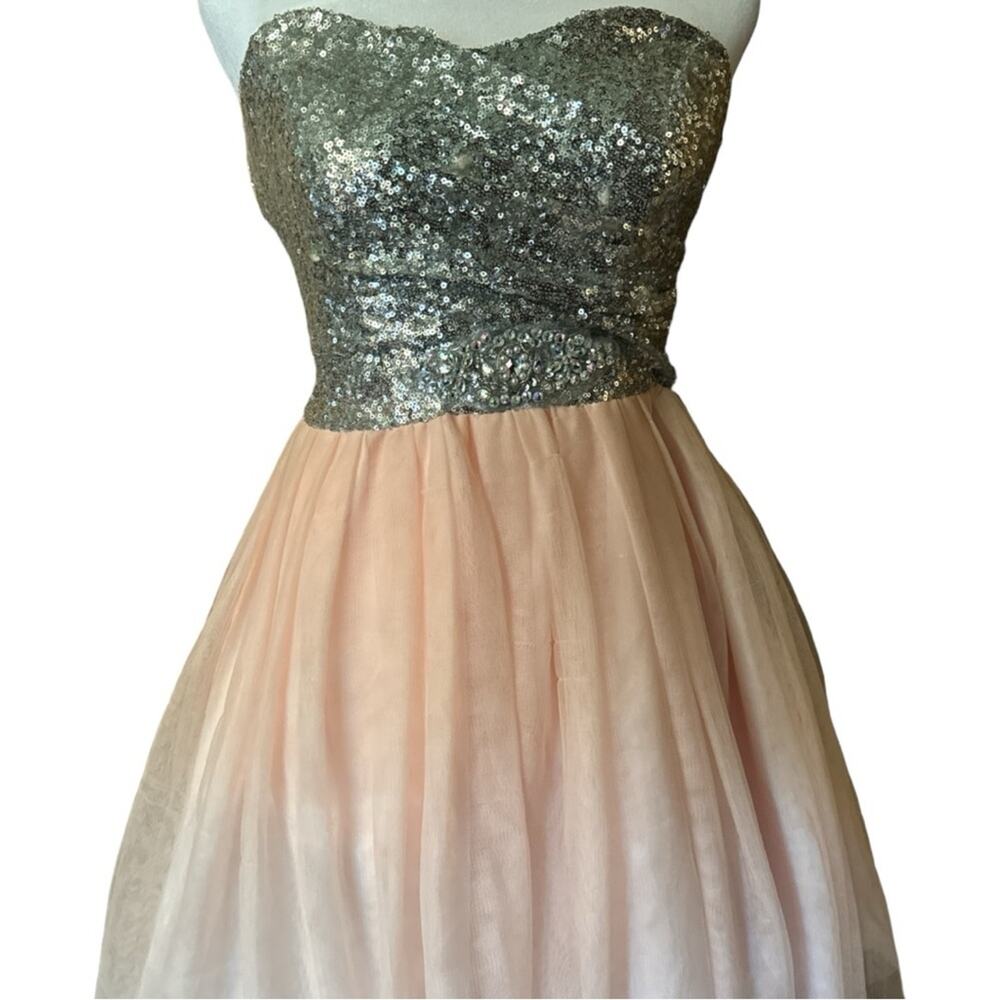 B Darlin Women's Strapless Sequin Flare Pink and Silver Embellishment Dress
